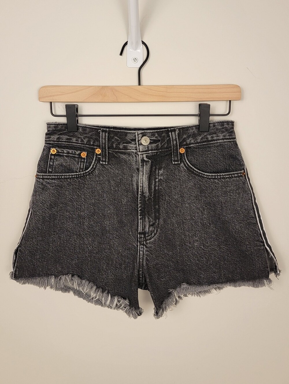Abercrombie Black Acid Wash High Rise Denim Shorts Side Stripe Frayed 24 00